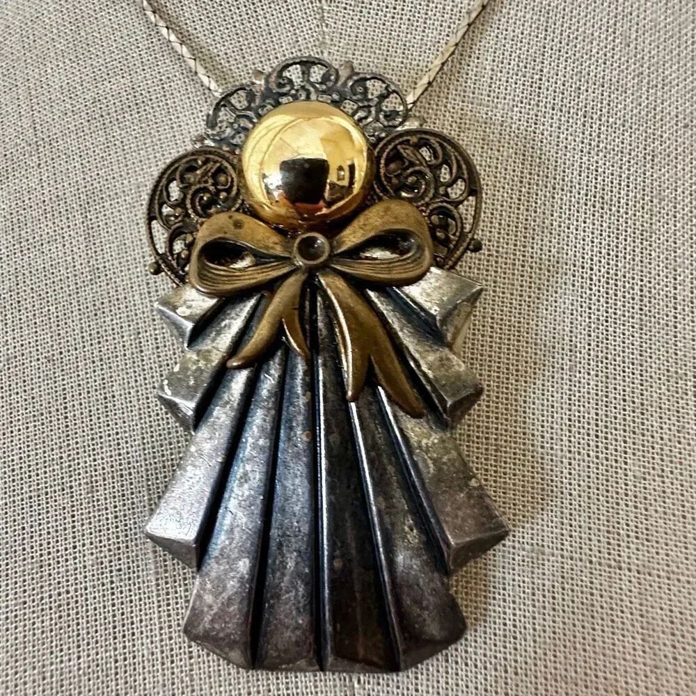 Vintage Mixed-Metal Angel Pendant Brooch – Silver-Tone with Brass Accents